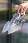 Emç-011 Topuklu Şeffaf Taşlı Ayakkabı Gümüş